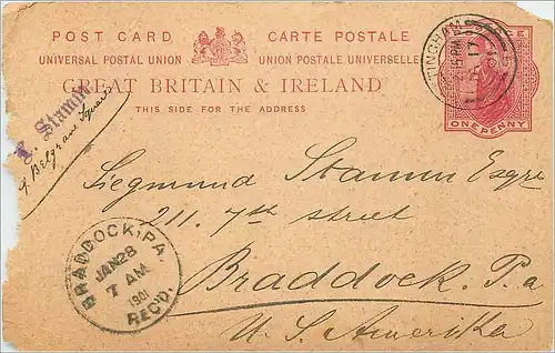 Entier Postal Stationary 1p Nottingham 1901 for Braddock