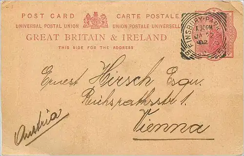 Entier Postal Stationary 1p Finsbury Park 1902 for Vienna