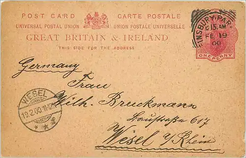 Entier Postal Stationary 1p Finsbury Park 1900 for Wesel