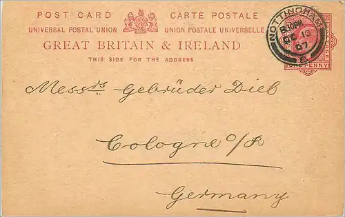 Entier Postal Stationary 1p Nottingham 1907 for Cologne Koeln