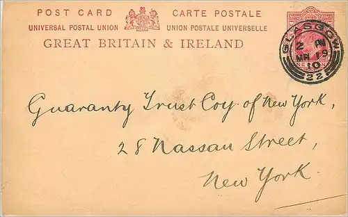 Entier Postal Stationary 1p Glasgow 1910 for New York