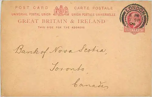 Entier Postal Stationary 1p London 1904 for Toronto