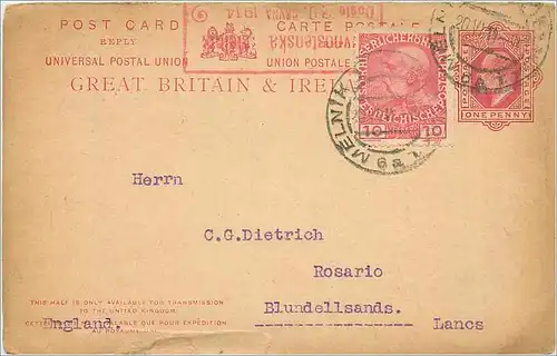 Entier Postal Stationary 1p + Austrian stamp Melnik 1914 for Rosario