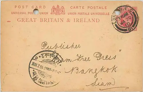 Entier Postal Stationary 1p 1910 London for Bangkok Thailand