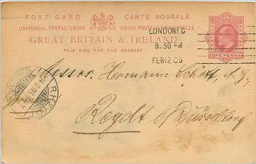 Entier Postal Stationary 1p London 1905 for Dusseldorf