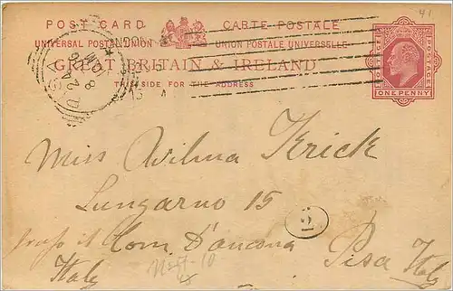 Entier Postal Stationary 1p for Pisa 1906