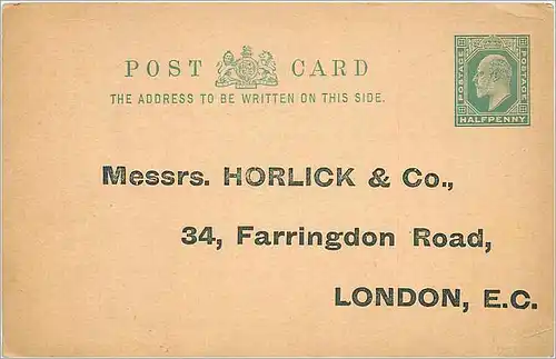 Entier Postal Stationary 1/2p Horlick London Farrington Road