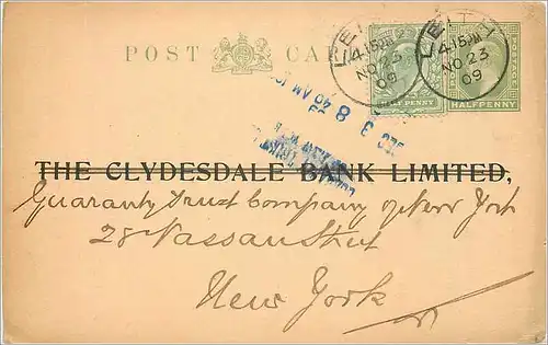 Entier Postal Stationary 1/2p + 1/2p Leith for New York 1909