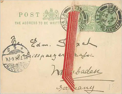 Entier Postal Stationary 1/2 + 1/2p Westgate for Germany