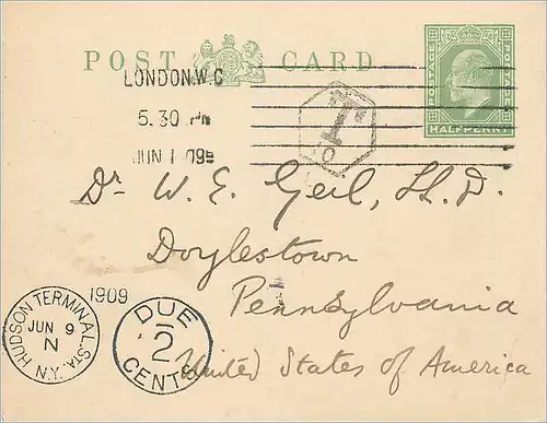 Entier Postal Stationary Hudson Terminal London