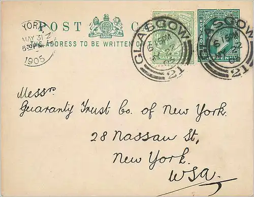 Entier Postal Stationary 1/2 + 1/2p Glasgow for New York