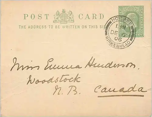 Entier Postal Stationary 1/2 p Hoylake for Canada