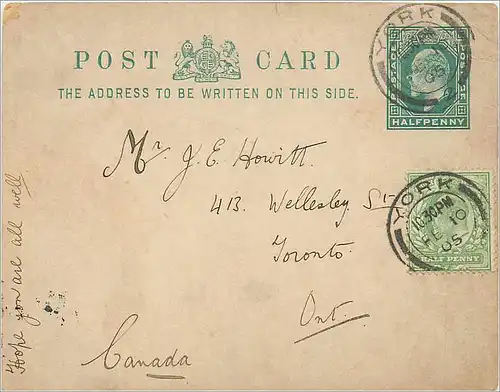 Entier Postal Stationary York 1/2 + 1/2 for Toronto