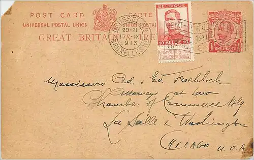 Entier Postal Postal Stationary Grande Bretagne Great Britain 1913 to Chicago