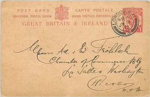 Entier Postal Postal Stationary Grande Bretagne Great Britain 1912 to Chicago