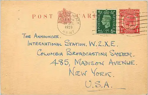 Entier Postal Postal Stationary Grande Bretagne Great Britain 1939 to New York