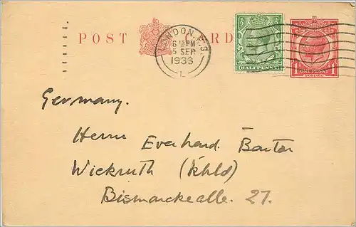 Entier Postal Postal Stationary Grande Bretagne Great Britain 1933 to Wickruth