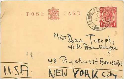 Entier Postal Postal Stationary Grande Bretagne Great Britain 1939 to New York