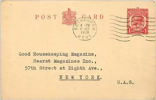 Entier Postal Postal Stationary Grande Bretagne Great Britain Beckenham 1939 to New York