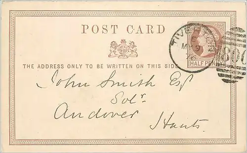 Entier Postal Postal Stationary Grande Bretagne Great Britain Tiverton 1876 to Andover