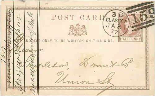 Entier Postal Postal Stationary Grande Bretagne Great Britain 1877 Glasgow