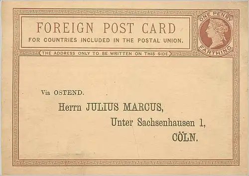 Entier Postal Postal Stationary Grande Bretagne Great Britain Julius Marcus Coln