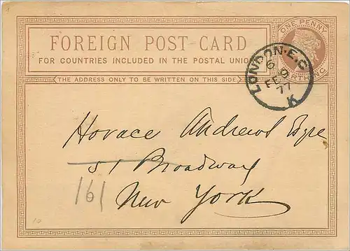 Entier Postal Postal Stationary Grande Bretagne Great Britain 1877 London to New York