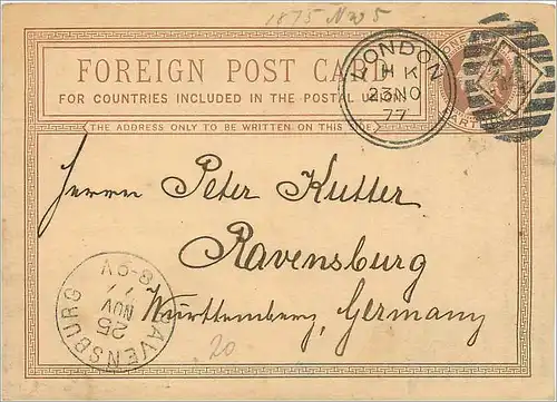 Entier Postal Postal Stationary Grande Bretagne Great Britain 1877 London to Ravensburg
