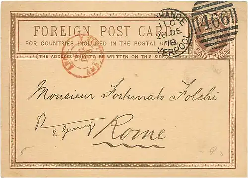 Entier Postal Postal Stationary Grande Bretagne Great Britain 1878 Liverpool to Rome