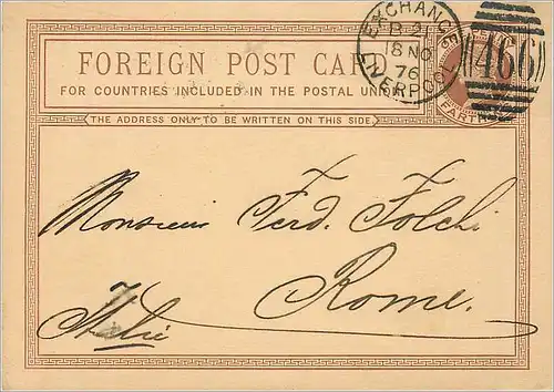 Entier Postal Postal Stationary Grande Bretagne Great Britain Liverpool to Roma 1876