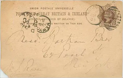 Entier Postal Postal Stationary Grande Bretagne Great Britain 1890 London to New York