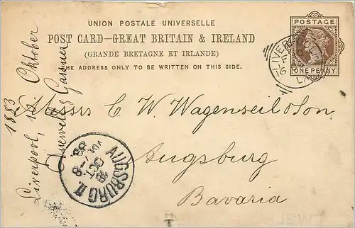 Entier Postal Postal Stationary Grande Bretagne Great Britain 1883 Liverpool to Bavaria