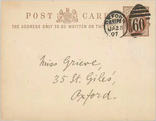 Entier Postal Postal Stationary Grande Bretagne Great Britain 1897 Oxford