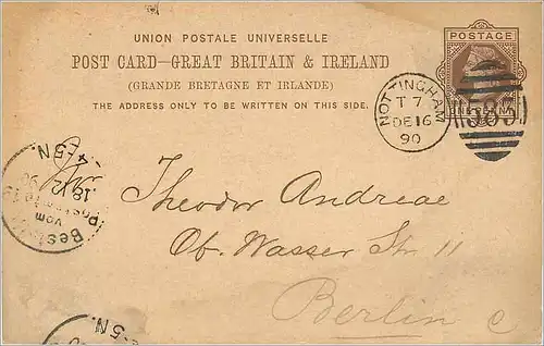 Entier Postal Postal Stationary Grande Bretagne Great Britain 1890 Nottingham to Berlin