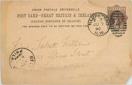 Entier Postal Postal Stationary Grande Bretagne Great Britain 1890 Hampstead to Philadelphia