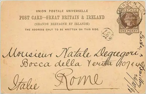 Entier Postal Postal Stationary Grande Bretagne Great Britain 1891 London to Rome