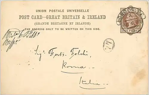 Entier Postal Postal Stationary Grande Bretagne Great Britain 1885 London to Rome