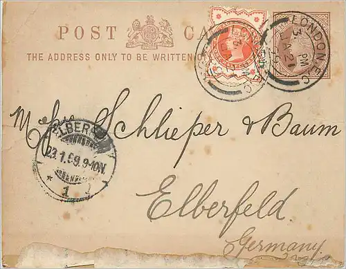 Entier Postal Postal Stationary Grande Bretagne Great Britain 1899 London to Elberfeld