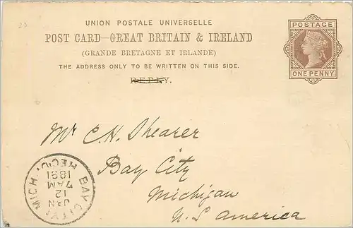 Entier Postal Postal Stationary Grande Bretagne Great Britain to Bay City USA