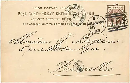 Entier Postal Postal Stationary Grande Bretagne Great Britain 1883 Glasgow to Bruxelles