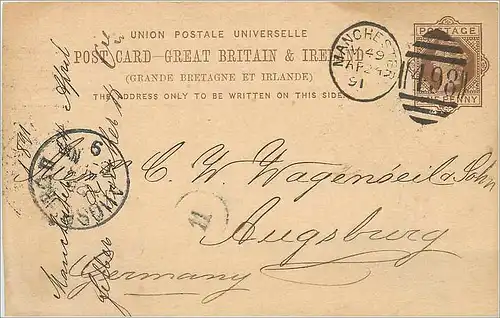 Entier Postal Postal Stationary Grande Bretagne Great Britain 1891 Manchester to Augsburg