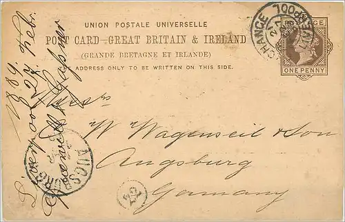 Entier Postal Postal Stationary Grande Bretagne Great Britain 1889 Liverpool to Augsburg