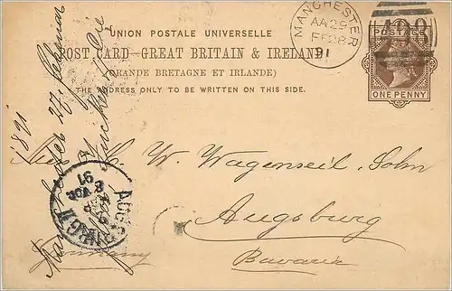 Entier Postal Postal Stationary Grande Bretagne Great Britain 1891 Manchester to Augsburg