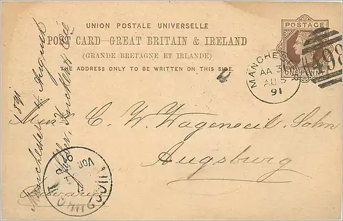 Entier Postal Postal Stationary Grande Bretagne Great Britain 1891 Manchester to Augsburg