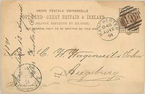 Entier Postal Postal Stationary Grande Bretagne Great Britain 1891 Manchester to Augsburg