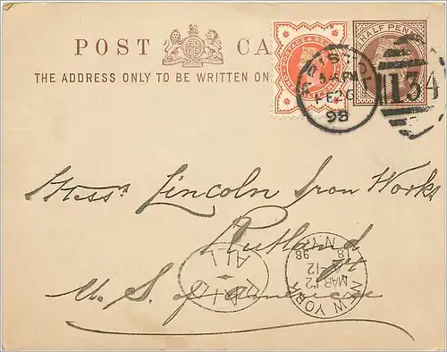 Entier Postal Postal Stationary Grande Bretagne Great Britain 1898 Bristol to Ruthland