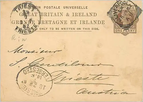 Entier Postal Postal Stationary Grande Bretagne Great Britain 1882 Liverpool to Trieste