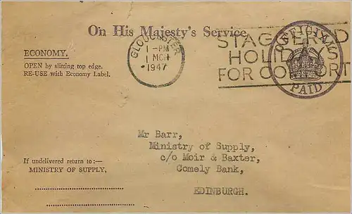 Entier Postal Postal Stationary Gloucester 1947 for Edinburgh