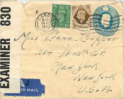 Entier Postal Postal Stationary 2 1/2d Censor Cardiff for USA 1942