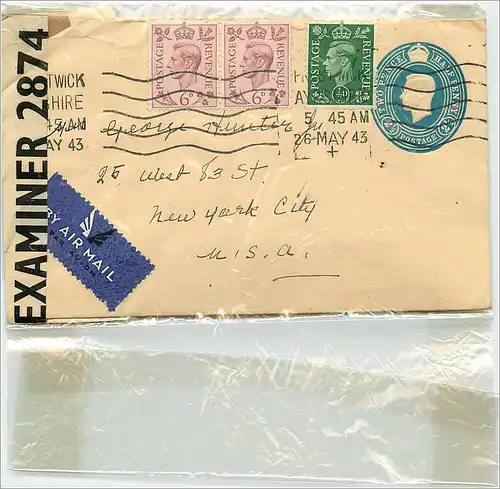 Entier Postal Postal Stationary 2 1/2d Censor for USA 1942